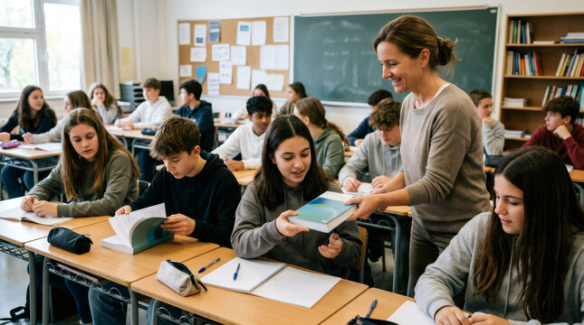 Teacher helping student with book in classroom. Woman educator teaching teenager girl at school desk. Academic lesson with group of pupils studying. Learning process and high school concept.