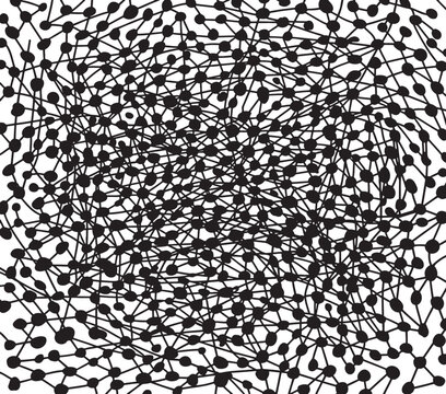 Complex abstract network illustration with interconnected black dots and lines creating a dynamic web pattern