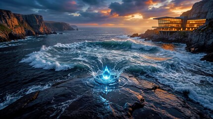 Fototapeta premium Magical Water Droplet Splashing on Rocky Coastal Shore at Sunset With Cliffside Modern Building
