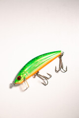 Fishing accessories bobbers, hooks, tackles, baits isolated on white background. Image for shop for fisherman. Close up © Krievietka