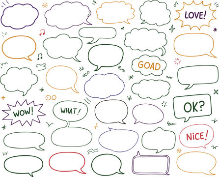 A charming collection of diverse hand drawn empty speech bubbles and expressive shapes for messages