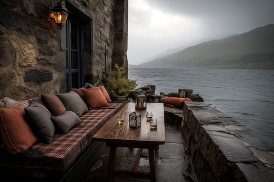 Cozy Scottish highland pub terrace on misty loch shore, stone walls and tartan cushions, whisky glasses on wooden table, dramatic moody grey sky
