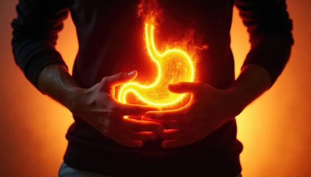 Person holds burning stomach graphic. Internal organ glows with fire. Painful internal sensation or indigestion. Discomfort and health issue.