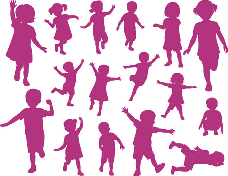 Vibrant collection of active and playful young children silhouettes in various dynamic and joyful poses