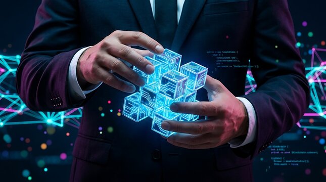 Businessman hands holding glowing blue cubes representing digital data, blockchain technology, and futuristic network connections with code snippets in the background.