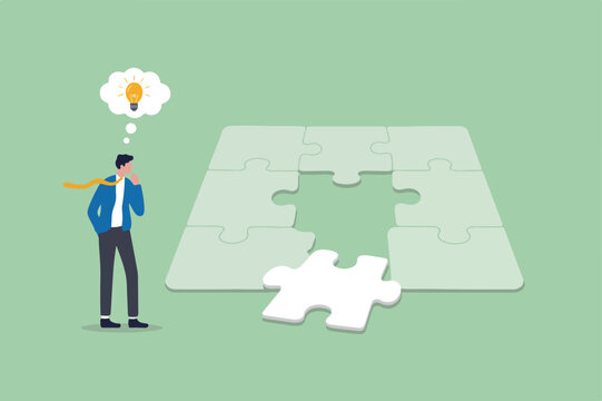 Finding solution for business problem to be success concept, miniature people businessman standing and thinking at the missing white jigsaw puzzle piece on pastel green background