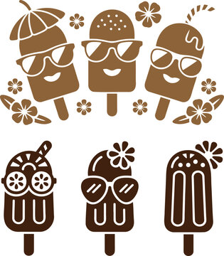 Playful brown popsicle characters with sunglasses and a set of simple outline dessert icons