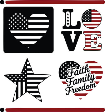 Patriotic American flag themed design elements including stylized letters a heart and a star