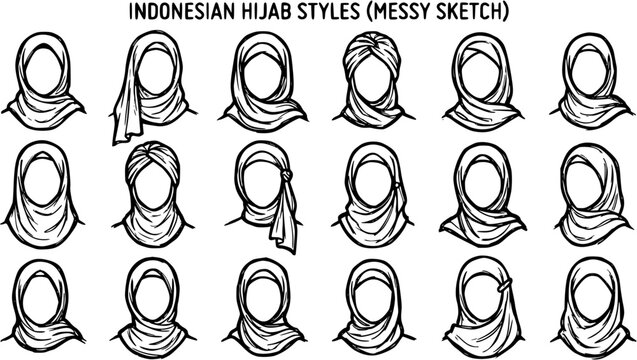 Indonesian Hijab Styles Collection: Hand-drawn Black  White Line Art Sketch of Diverse Headscarves for Culture, Fashion, and Muslim Women