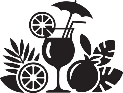 A tropical beverage with citrus slices an umbrella straw and botanical elements for refreshing summer drinks