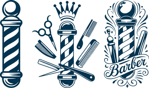 Vintage barber shop pole designs featuring classic grooming tools and elegant typography elements