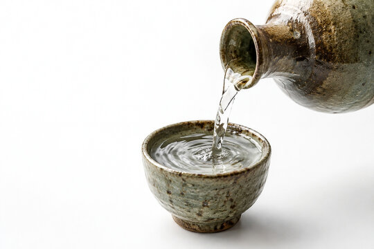 Rustic ceramic sake bottle pouring clear drink into handmade cup on bright white background
