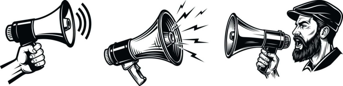 Vintage megaphone illustrations with hand and bearded man portrait