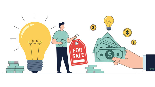 Entrepreneur selling a giant glowing light bulb with a for sale tag while receiving cash payment for a creative idea.