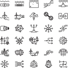 Naklejka premium Subsea Power Cables Line Icons Set – 30 Minimal Black Outline Vector Icons for Offshore Energy, Underwater Transmission & Smart Grid Infrastructure
