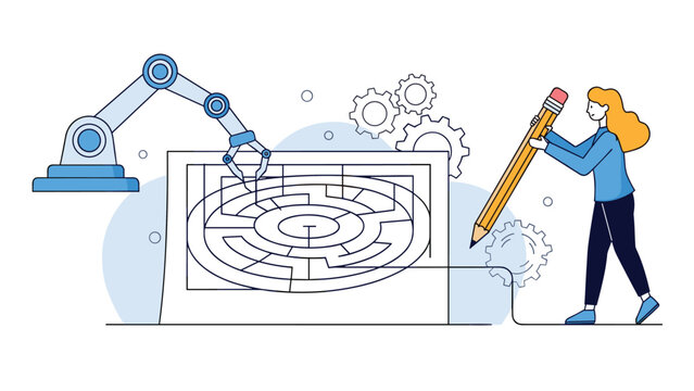 Woman and a robotic arm working together with a large pencil to navigate a complex circular maze representing human and machine integration.