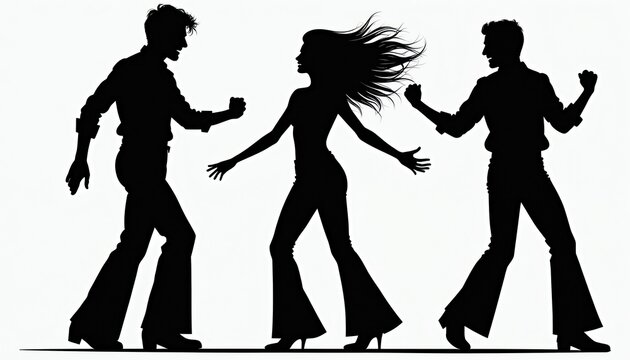Two men and one woman dance in silhouette. Figures move in retro style, possibly disco or 70s theme. Groovy graphic design with action and movement.