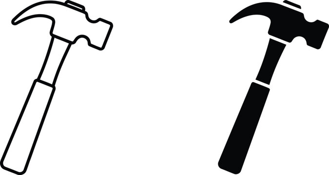 Hammer tool icons outline and solid black vector illustrations