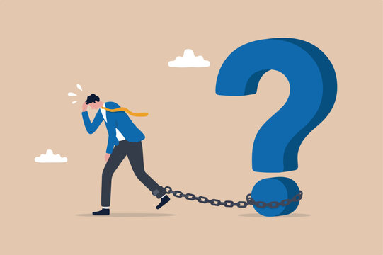 Struggle with unanswered question, problem or difficulty, hard questions or unsolvable quest concept, frustrated businessman chained with huge large question mark burden
