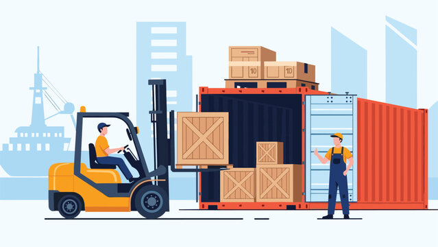 Industrial forklift loads wooden crates into a red shipping container at a busy port with a large cargo ship in the background.