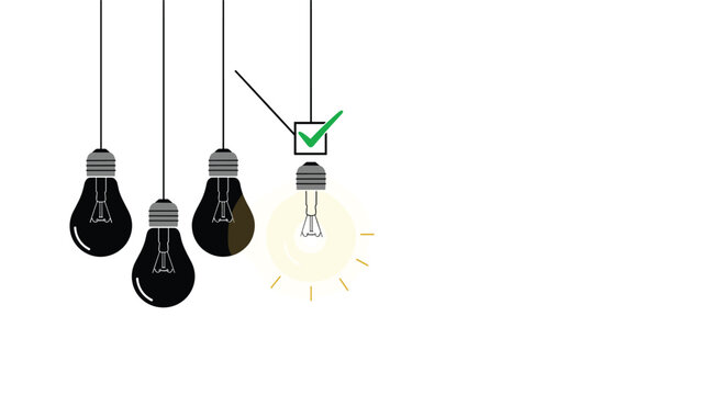 Row of hanging lightbulbs features one bright glowing bulb with a green checkmark to represent the selection of a correct idea.
