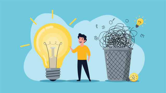 Innovative thinker chooses a bright lightbulb idea while throwing a tangled mess of scribbled lines into a trash can for clarity.