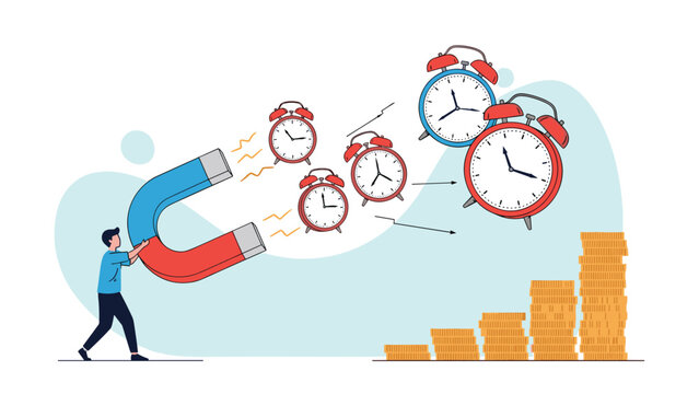 Man uses a giant horseshoe magnet to attract multiple alarm clocks while a stack of gold coins grows to show time is money.
