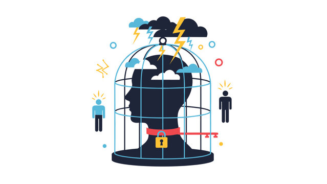 Stylized head trapped inside a birdcage with lightning and storm clouds representing mental health struggles and feeling confined.