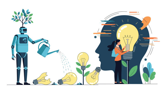 Innovative robot watering lightbulb plants in a creative mind while a woman tends to ideas representing brain potential and growth.