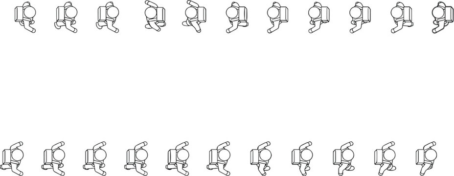Minimalist astronaut walking animation sequence, set of 20 line art space explorer icons, simple black and white cosmonaut character vector
