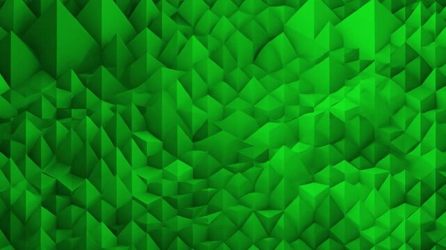 A monochromatic 3D render loop showcasing a low poly abstract background of sharp green geometric pyramids. This seamless technological texture is perfect for eco-tech concepts, corporate videos, loop