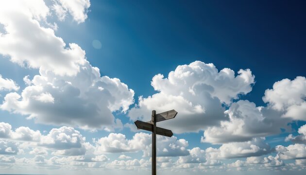 Wooden Signpost with Arrows Pointing in Multiple Directions under Cloudy Sky