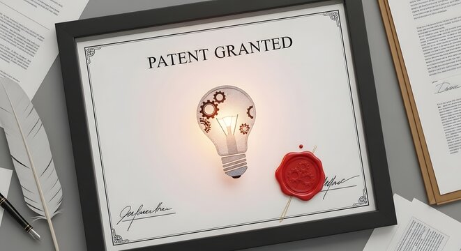 A framed patent document with a light bulb and gears symbolizing an idea granted for the concept of innovation and intellectual property.