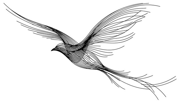 An elegant flying bird silhouette rendered through flowing black lines creating a dynamic sense of motion and grace in a minimalist style that highlights the organic curves of soaring wings