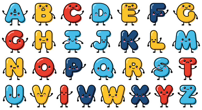 A collection of twenty six colorful alphabet letters featuring cute expressive faces and tiny arms and legs arranged in a grid pattern to represent a friendly educational character set style