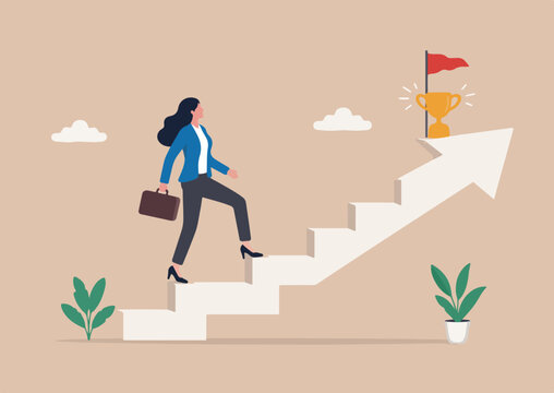 Career success for woman female leadership, goal achievement and business challenge gender equality concept, confidence businesswoman take small step walking up staircase with arrow pointing up