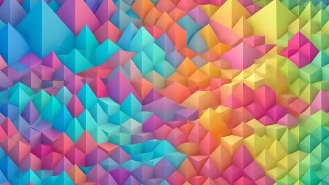 A beautiful loopable 3D graphic animation showing a shifting low poly terrain made of sharp triangular peaks in bright rainbow gradient colors. This vibrant, multicolored polygonal mesh surface create
