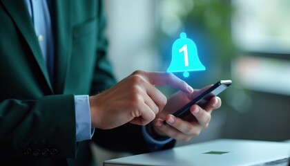 Fototapeta premium Man in suit uses smartphone. Blue bell icon appears on screen. Shows new alert or message notification. Digital communication and tech concept.