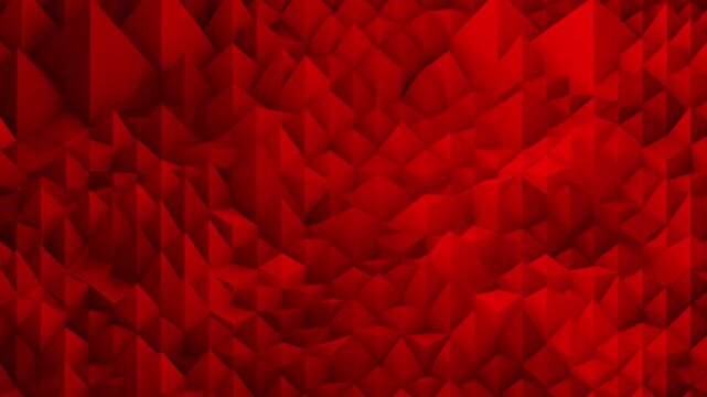 A dynamic 3D abstract background featuring a dense landscape of low poly sharp pyramids shifting and refracting light in deep red gradients. This geometric animation serves as a perfect high-energy ba