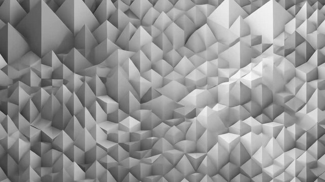 A clean, paper-like white 3D low poly landscape features interconnected sharp pyramids moving in a gentle, seamless wave. This bright, minimalist abstract texture is ideal for corporate, architectural