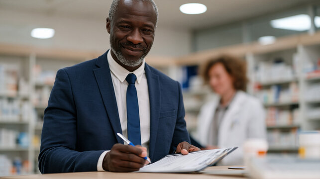 State pharmacy board inspector reviews controlled substance receipt and dispensing records during a formal pharmacy audit, standing at the prescription counter with an official audit template while 