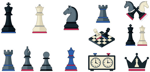 Chess Game Pieces Board and Timer Clock Strategy Vector Icon Set © MstThomina