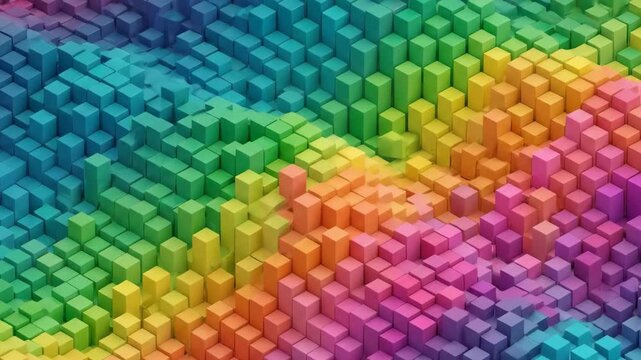 Thousands of small, multi-colored digital voxel cubes rise and fall in a fluid, waving motion. This vibrant 3D block animation provides an energetic background texture suitable for gaming, tech, or cr