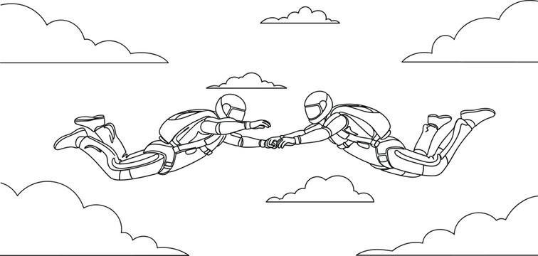 Two skydivers freefalling together in the sky holding hands vector black and white outline illustration