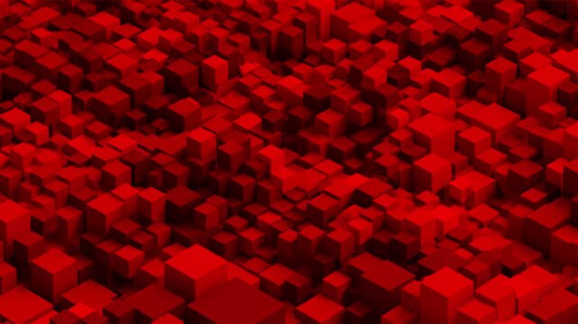 A dark and intense 3D grid consisting of countless red geometric cubes shifting vertically at varying heights. This high-contrast matrix animation creates a powerful backdrop for gaming streams, tech 