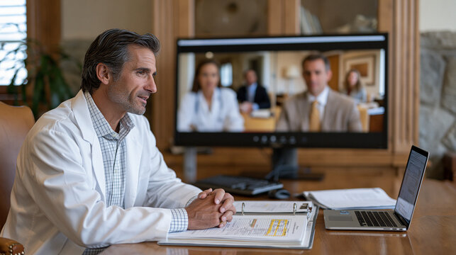 Pharmacy benefit management director leads a formulary review teleconference, split-screen showing clinical pharmacists and health plan actuaries on a video call, printed therapeutic class compariso
