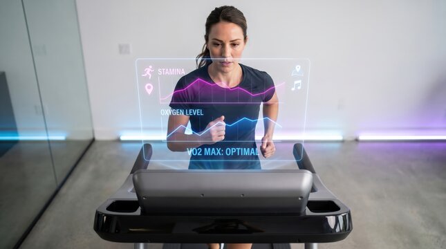 Smart Fitness and Wearable Tech Concept: Woman Running on High-Tech Treadmill with Holographic VO2 Max Training Screen