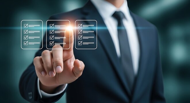 Businessman in suit interacting with digital checklists, touchscreen interface white shirt hand