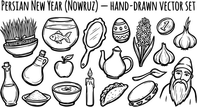 Persian New Year (Nowruz) Hand-Drawn Vector Set: Traditional Symbols and Decorations