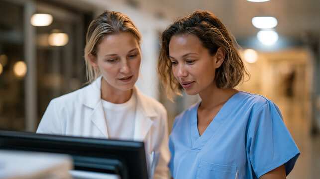 Medication reconciliation team huddle occurs in a hospital emergency department corridor, pharmacist and admitting nurse standing at a mobile workstation comparing a patient's community pharmacy dis